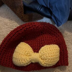 Hand knit Burgundy Beanie with Mustard Bow